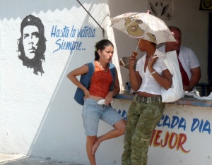 Shoppers chat at the Hatibonico
farmer's market in Camaguey, Cuba